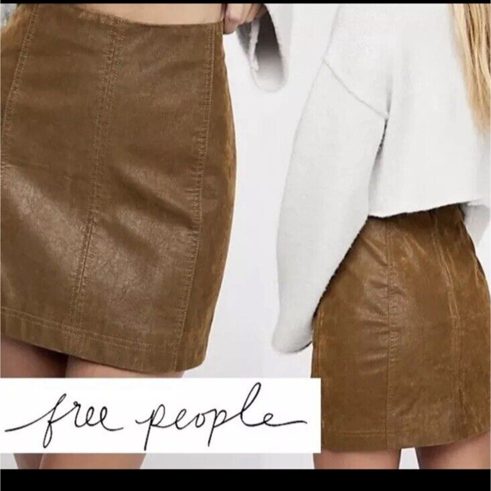 Free People Skirt Women sz 0 Brown Olive Modern Femme‎ Vegan Leather A Line Mini